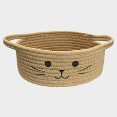 BYLSSNUK cat toy basket with hand-embroidered cat face, ideal for toy storage.
