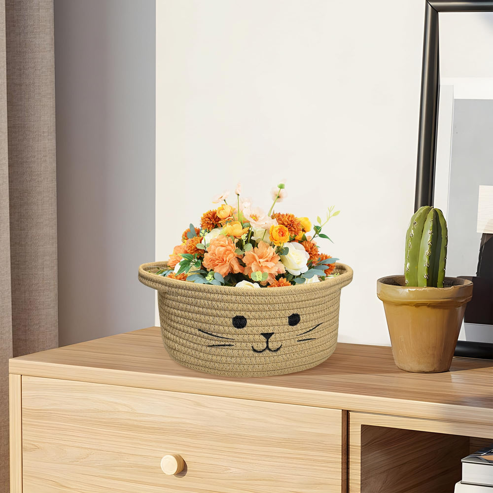 BYLSSNUK cat toy basket keeps pet toys organized after play.