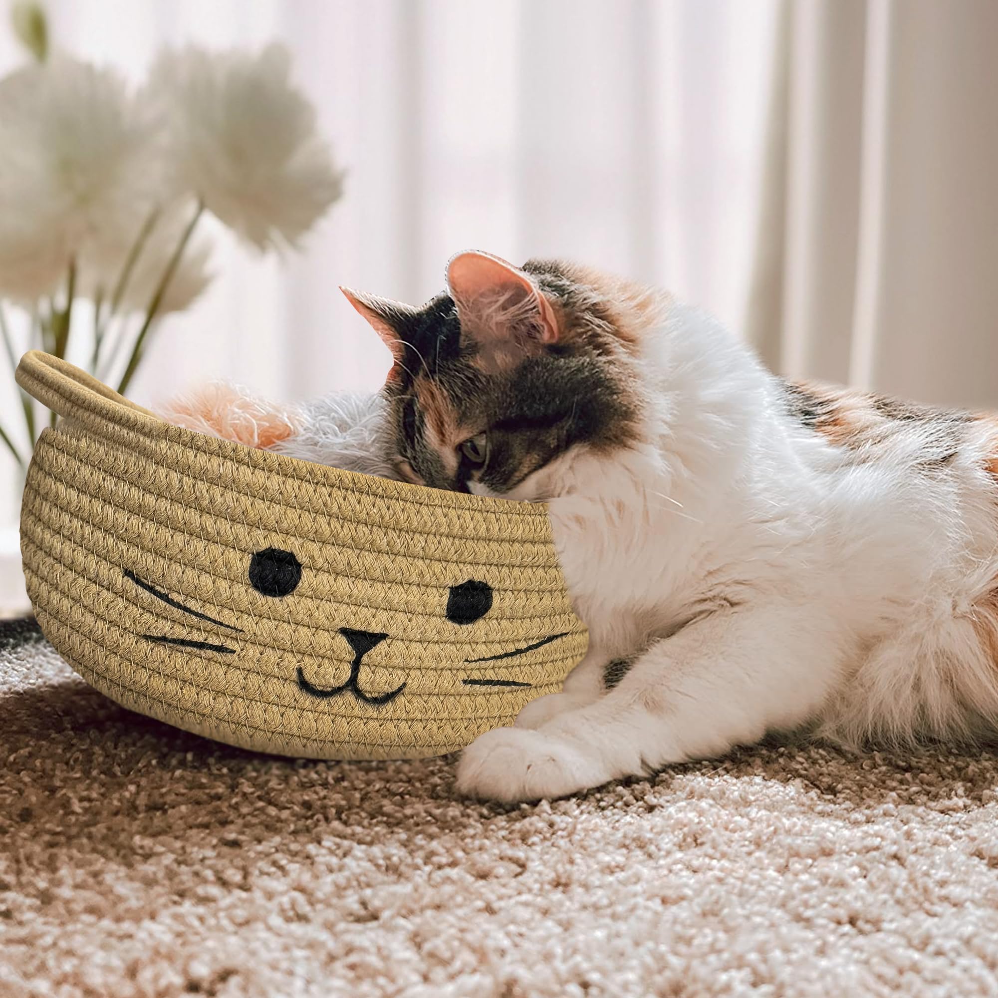 BYLSSNUK cat toy basket made from soft cotton rope, gentle on hands.