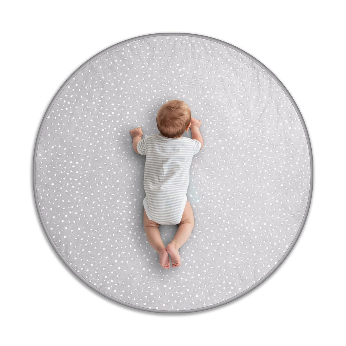 Byrd & Blume Round Baby Play Mat in gray fabric for gentle tummy time on soft surface.