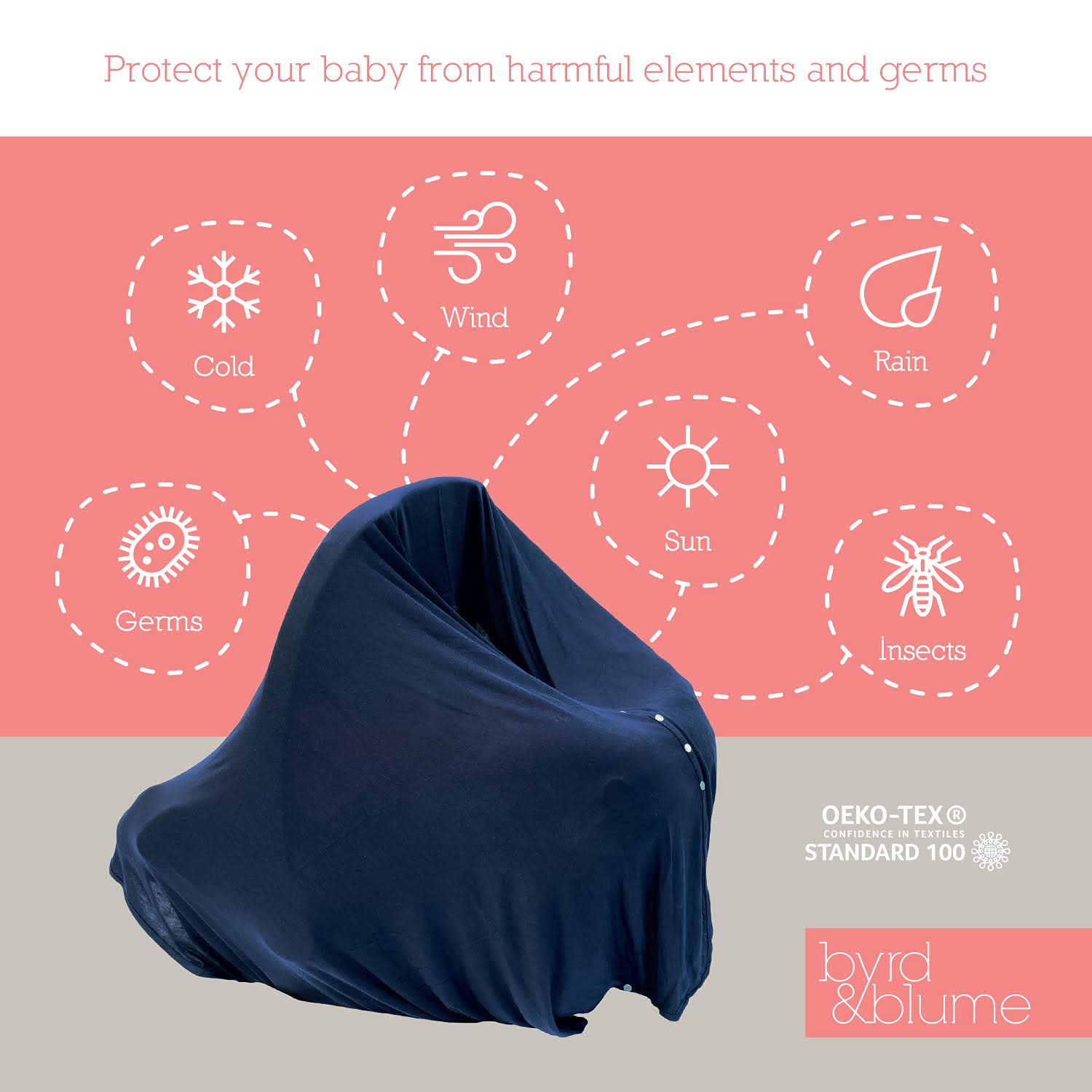 Byrd & Blume navy feeding apron nursing cover for hands-free dining.