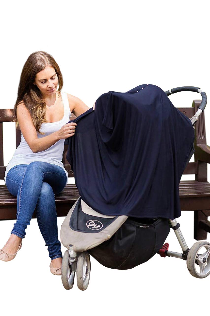 Byrd & Blume navy stroller blanket use nursing cover for travel comfort.
