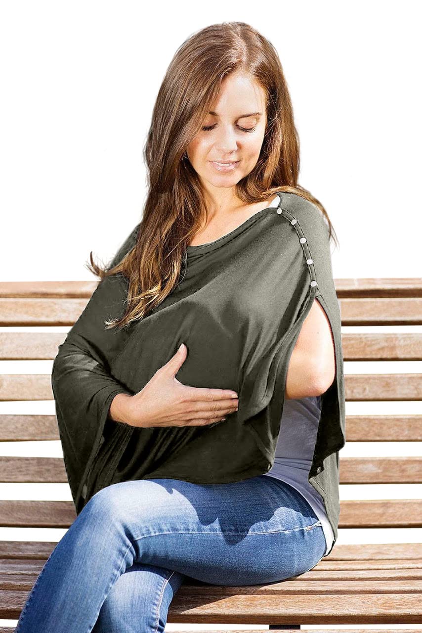 Byrd & Blume olive nursing cover with adjustable snaps adapts to mom and baby