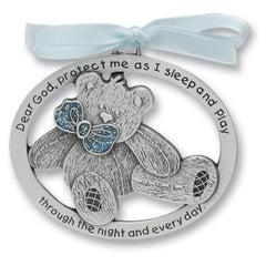 CA Sweet Teddy Bear crib medal with pewter finish and blue ribbon, ideal baptism keepsake