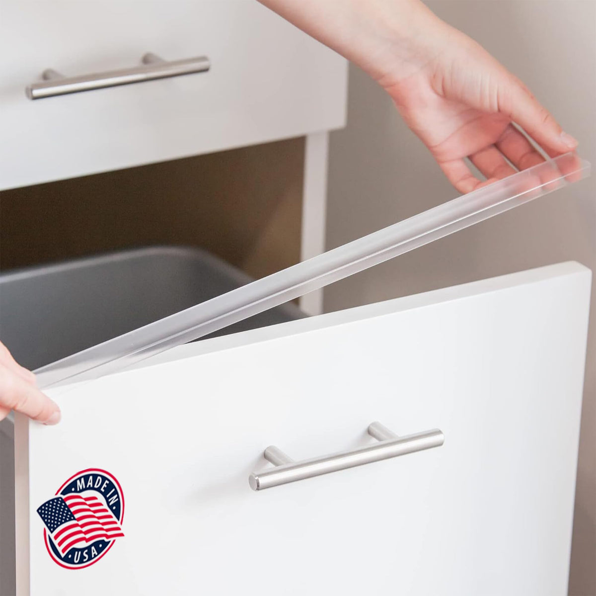 Cabinet Hero Slimline edge protector on an 18-inch cabinet edge, preventing scratches.