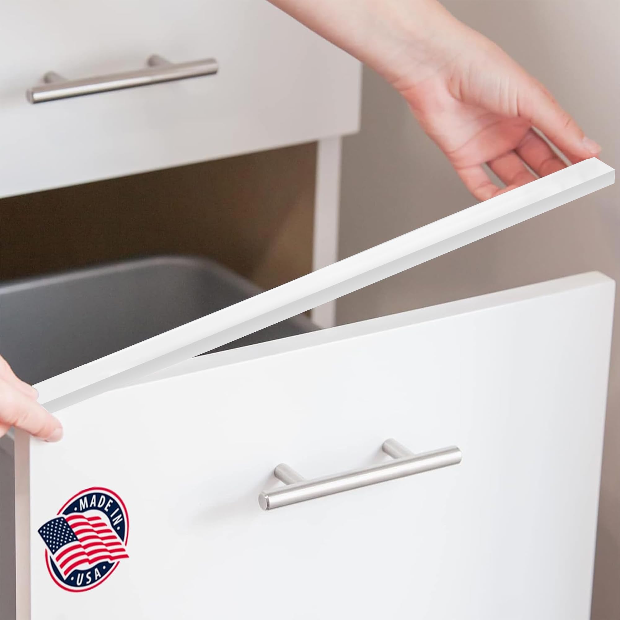 Cabinet Hero Slimline edge protector on cabinet front guards against chipping.
