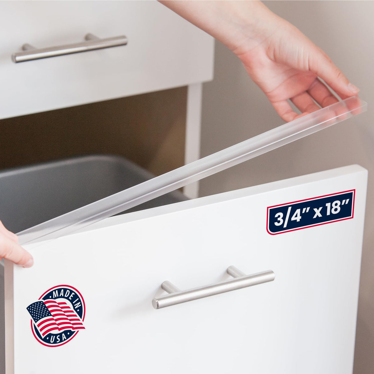 Cabinet Hero Slimline edge protector on a cabinet edge protects against chips with a clear finish.
