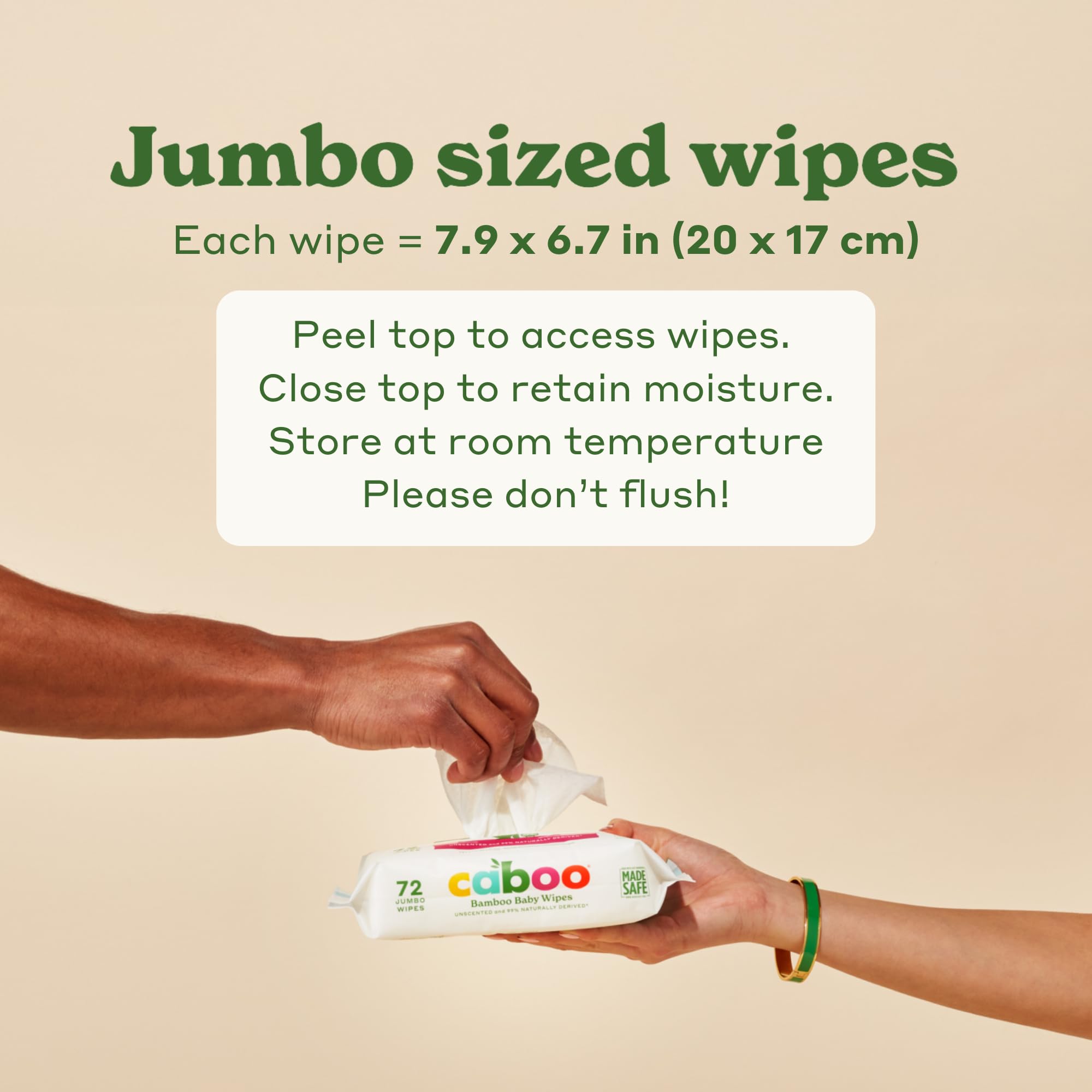 Caboo Wipes 72 per pack highlight convenient on-the-go supply.