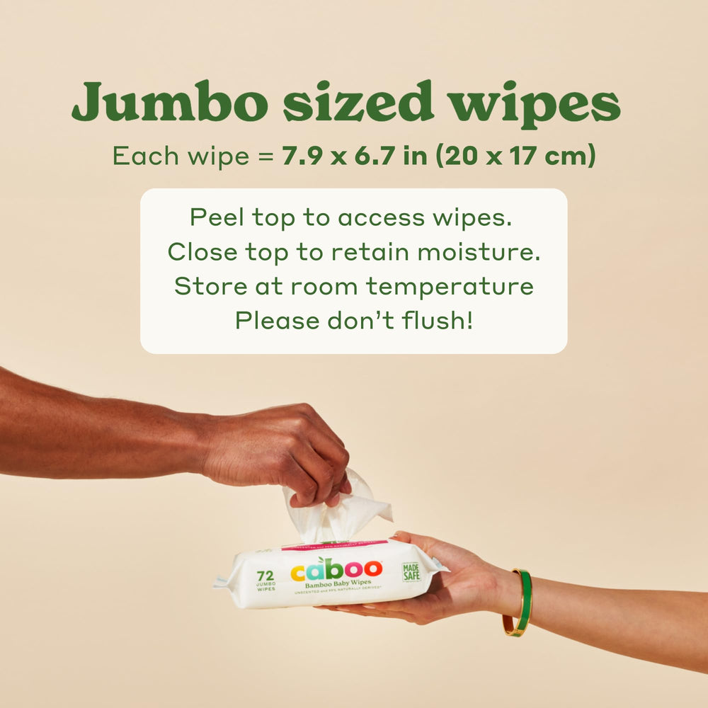 Caboo Wipes 72 per pack highlight convenient on-the-go supply.