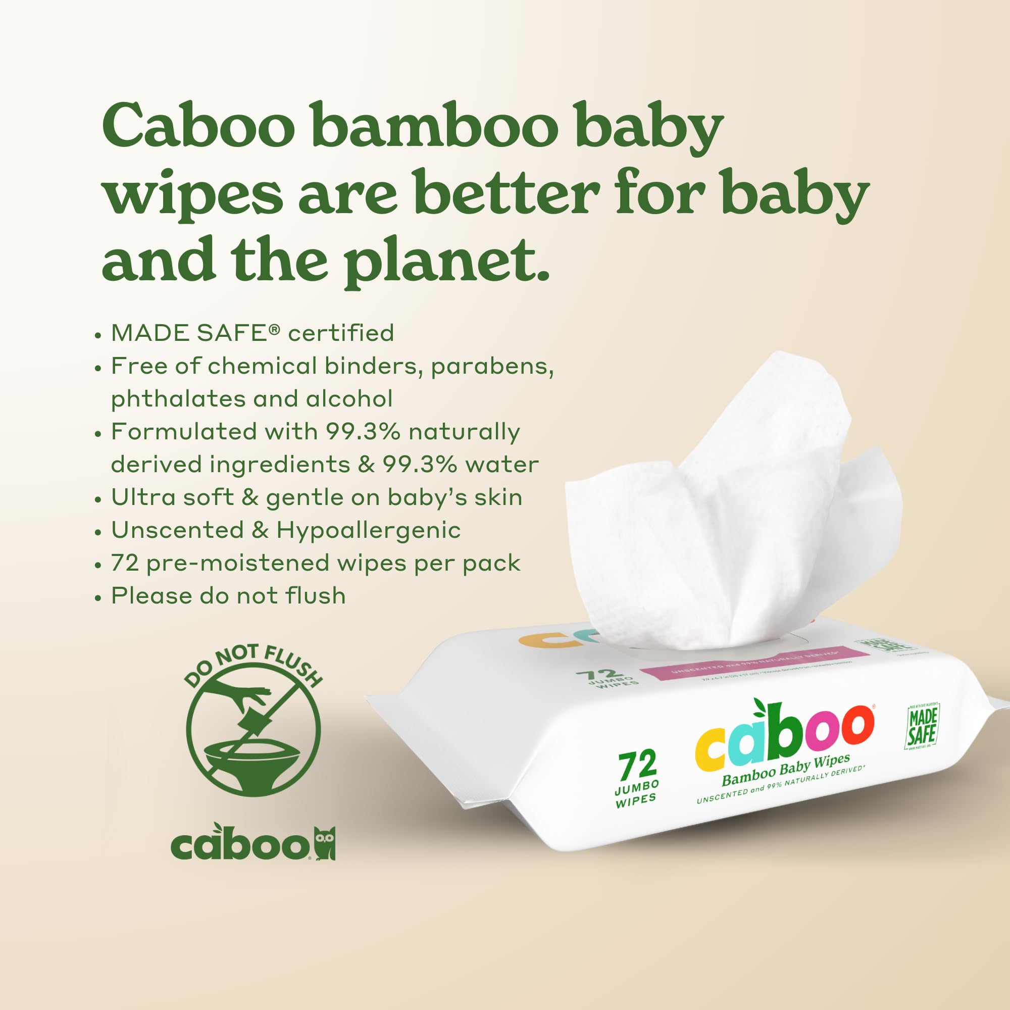 Caboo Wipes show BRC and FSC certifications for safety and sustainability.