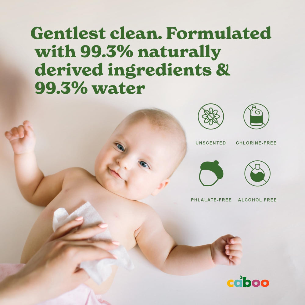 Caboo Baby Wipes hypoallergenic packaging close-up emphasizing gentle cleansing for sensitive skin.