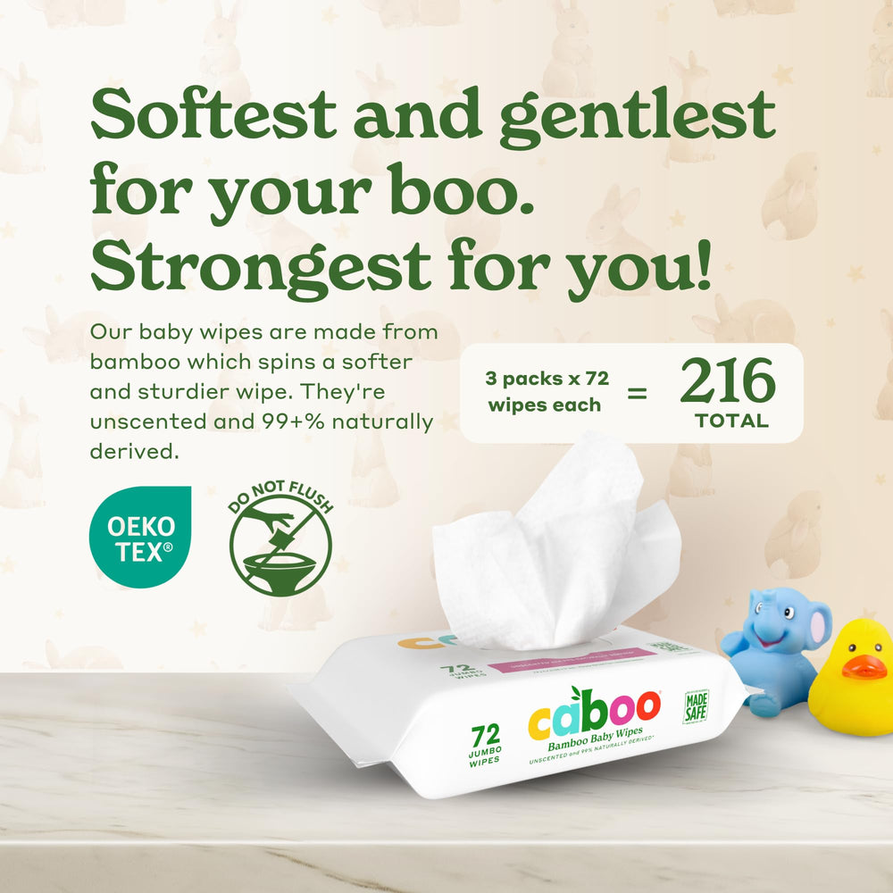 Caboo Baby Wipes unscented label close-up highlighting fragrance-free formula for delicate skin.
