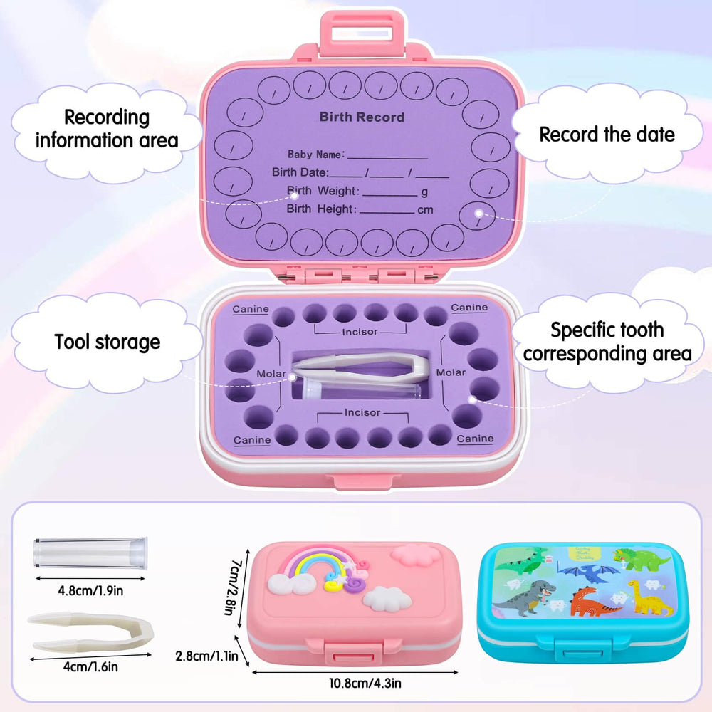 Caffox pink dinosaur rainbow tooth holder preserves tiny teeth safely for years