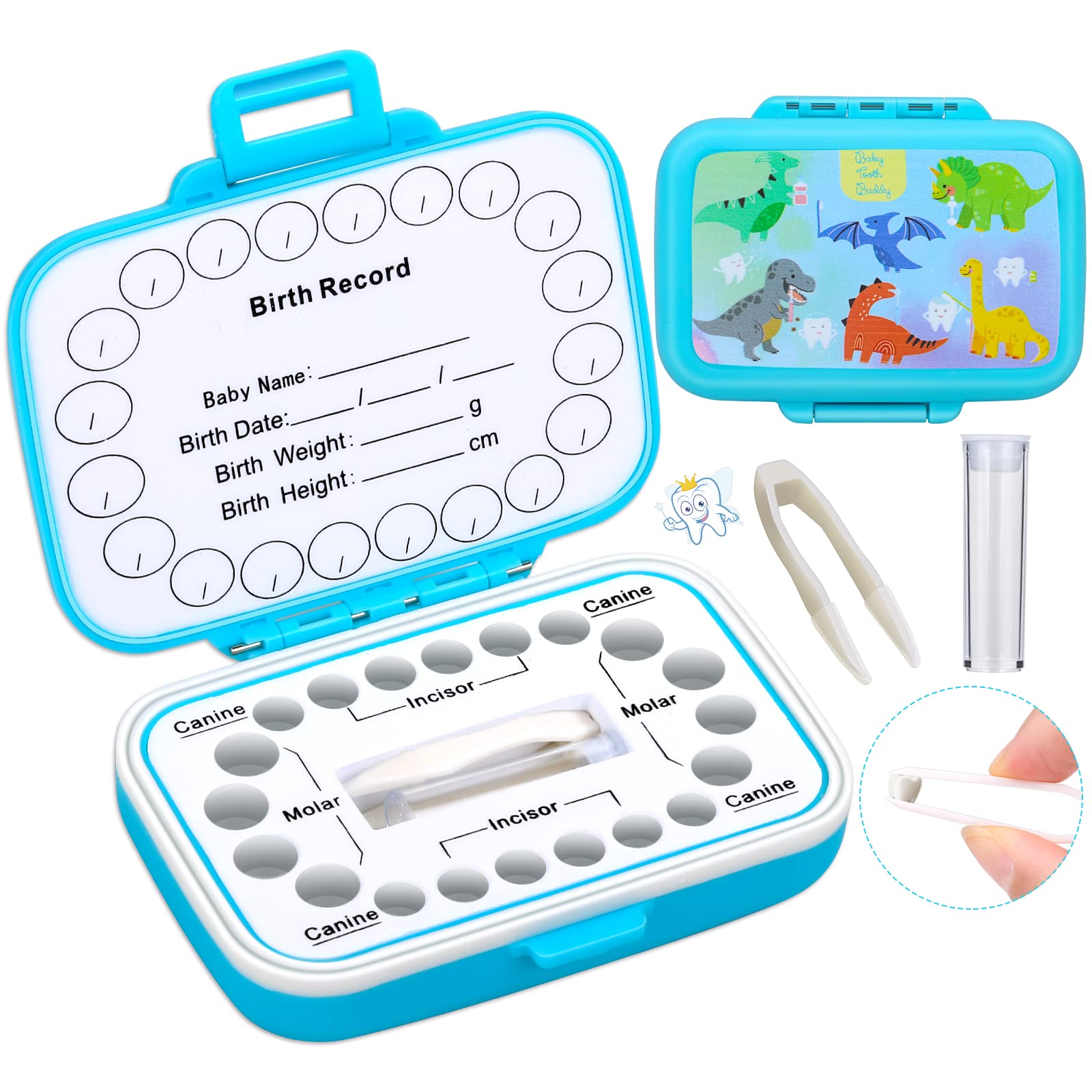 Caffox tooth keepsake box with dinosaurs pattern for organized baby teeth storage.