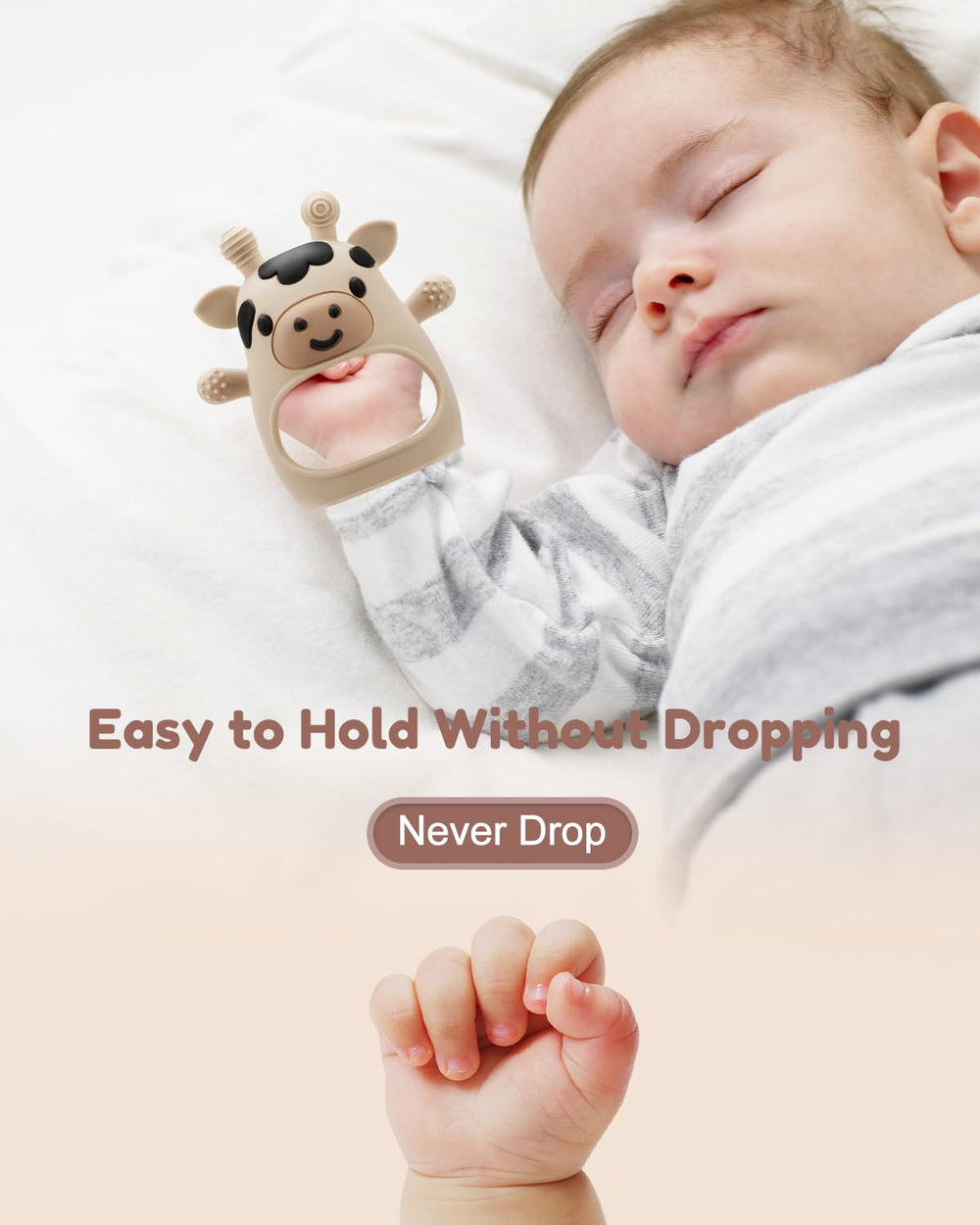 CAHILON teether with adjustable wristband close-up for growing infants.
