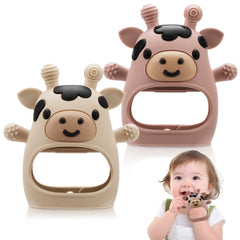 CAHILON baby teether mitten front view; safe silicone for soothing gums.