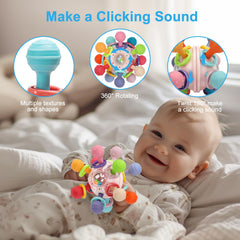 CAHILON rotating ball teether encourages fine motor exploration.