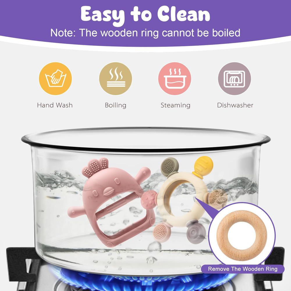 CAHILON BPA-free teether cleaning closeup demonstrating dishwasher-safe care.