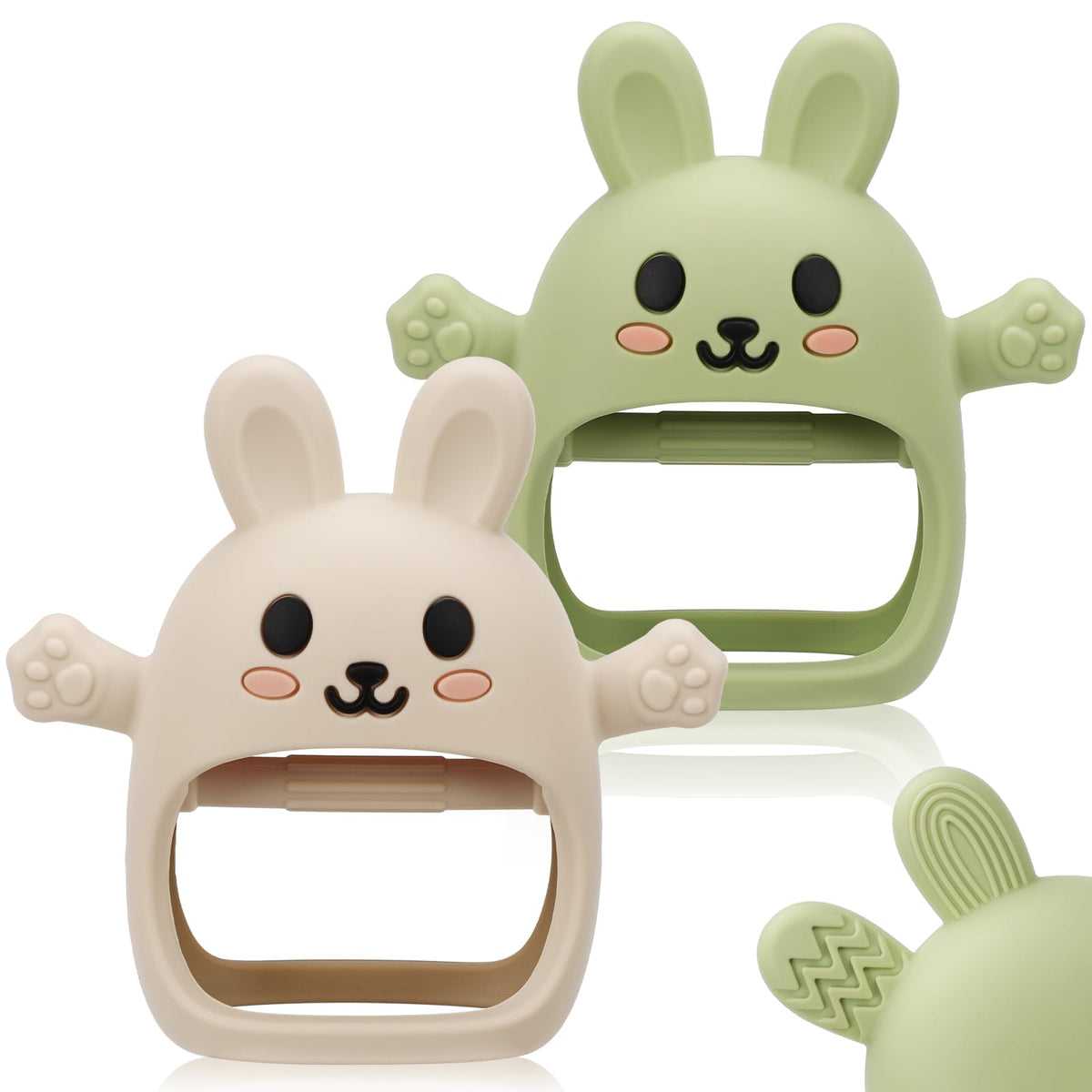 CAHILON bunny teether mitten 2-pack helps soothe gums on the go.