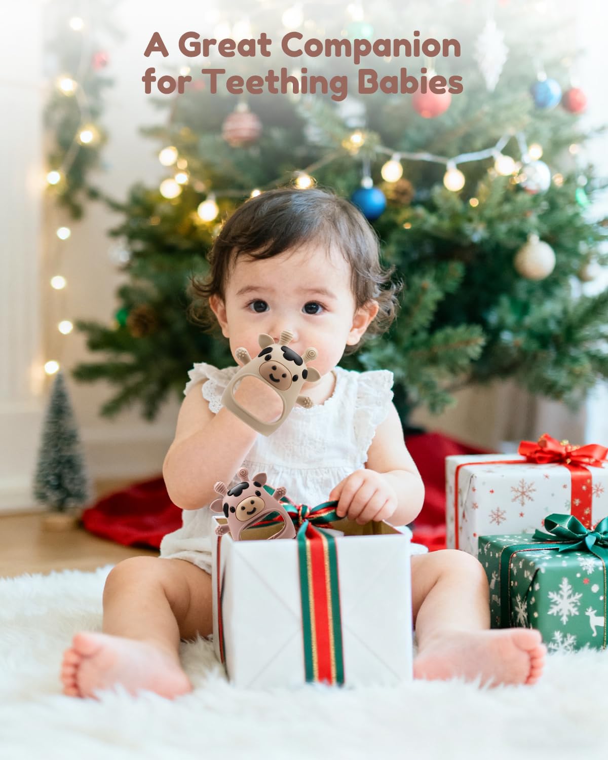 CAHILON easy-clean silicone teether; steam or dishwasher safe.