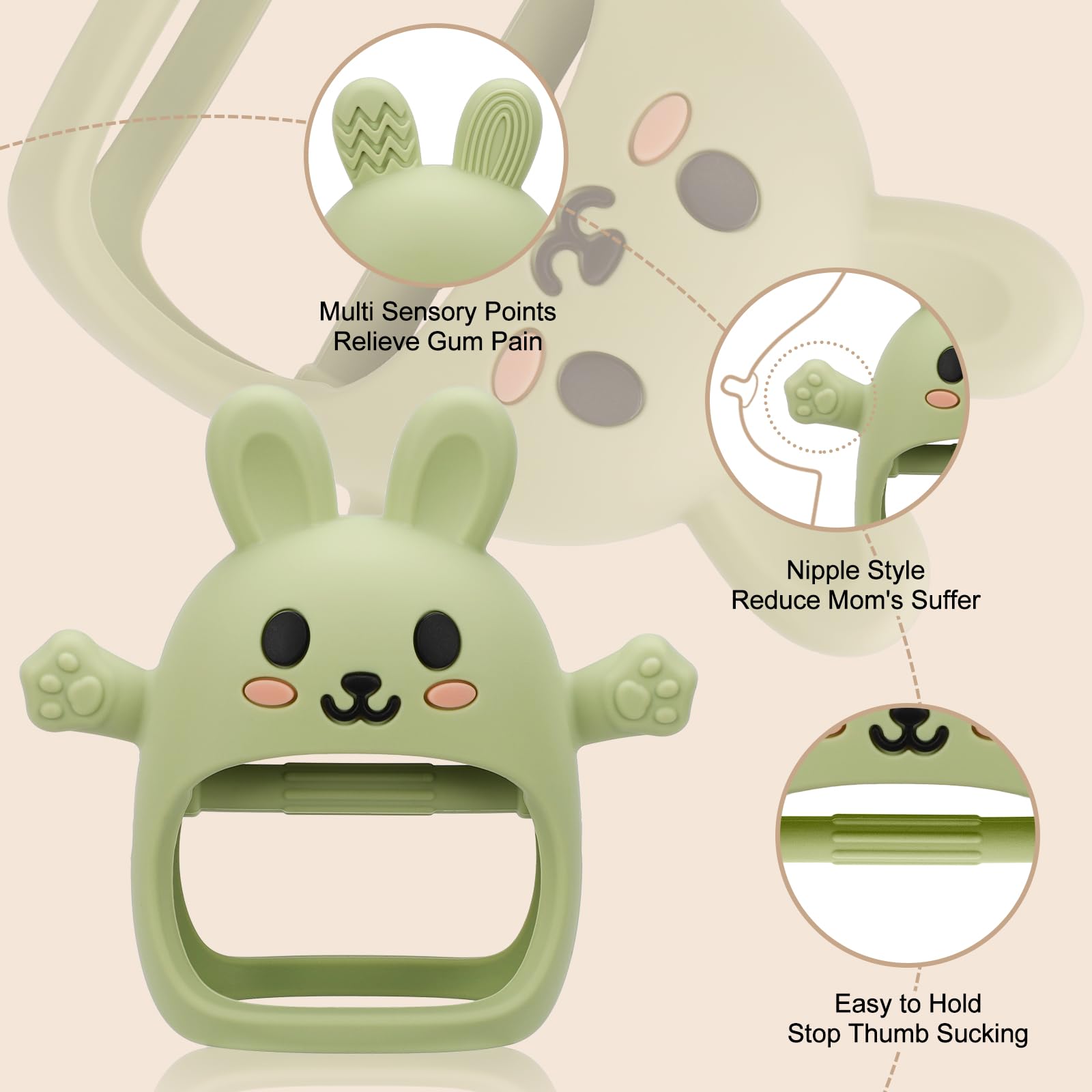 CAHILON soft silicone teether textures highlight three chew options for sensory play.