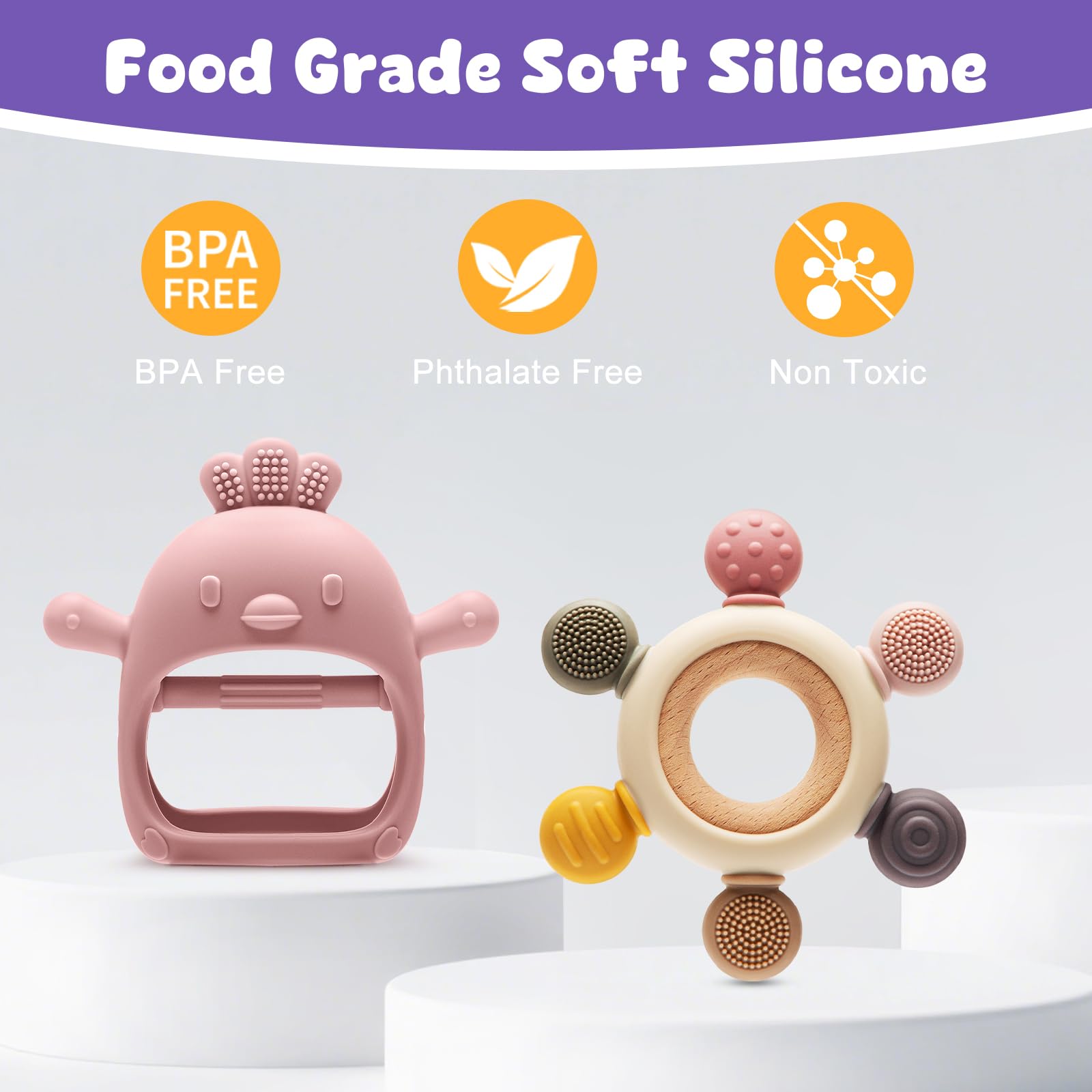 CAHILON two-pack teether toy set for versatile teething relief.