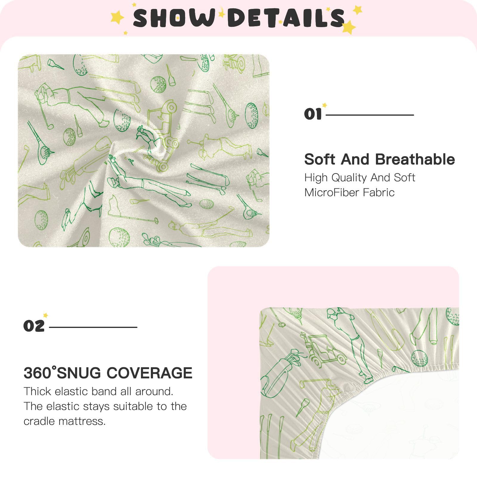Caihoyu crib sheet showcases unisex golf pattern for versatile nursery décor.