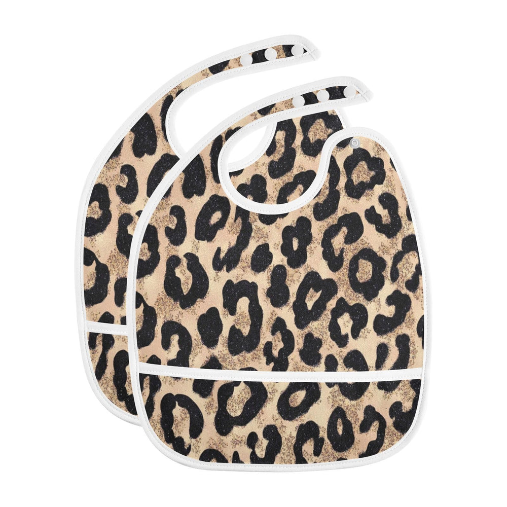 Caikeny baby bib with a gold glitter leopard pocket catches crumbs after meals.