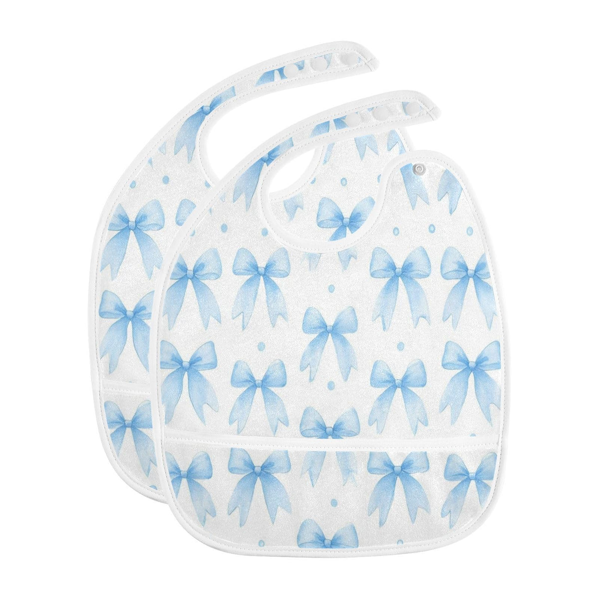 Caikeny baby bibs with watercolor Coquette blue bow and pocket view for spill control
