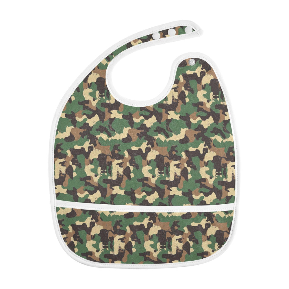 Caikeny camouflage green bib with adjustable closure fits growing babies.