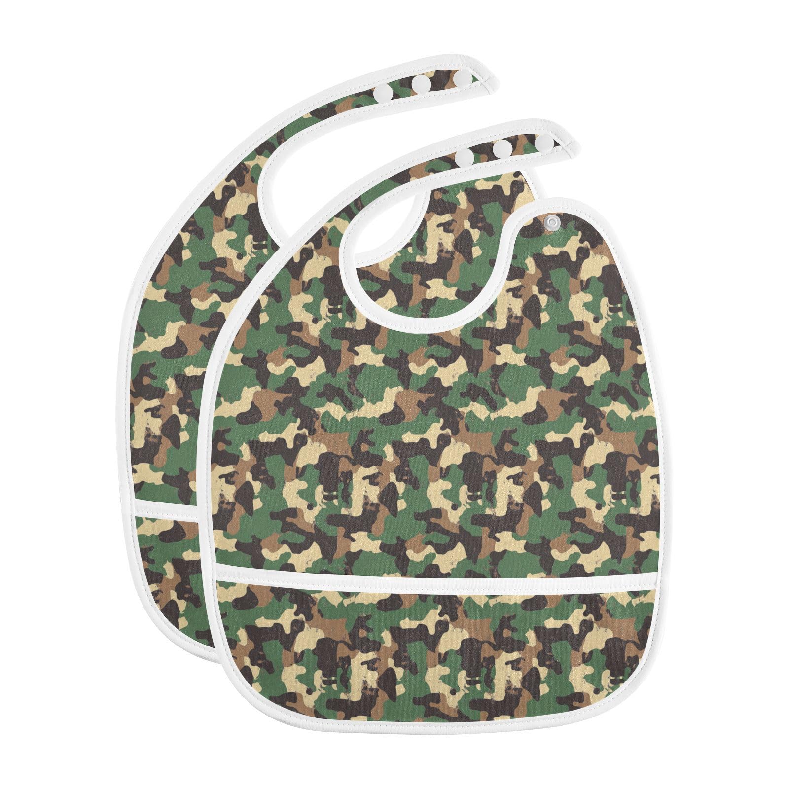 Caikeny camouflage green bib with pocket catches spills during meals.