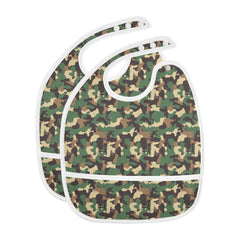 Caikeny camouflage green bib with pocket catches spills during meals.