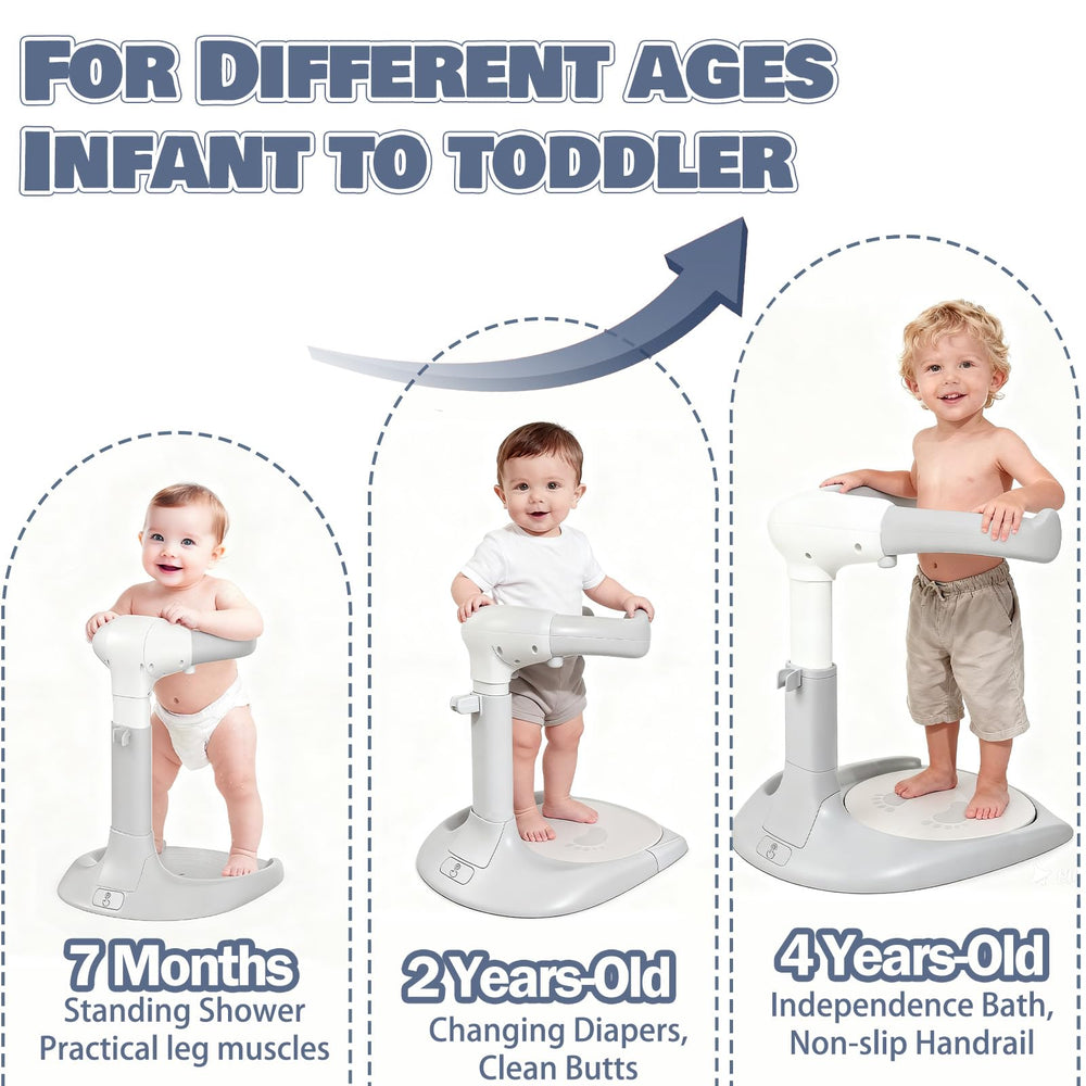 Height-adjustable Caiuiyda bath stand supports growing toddlers during bath time.