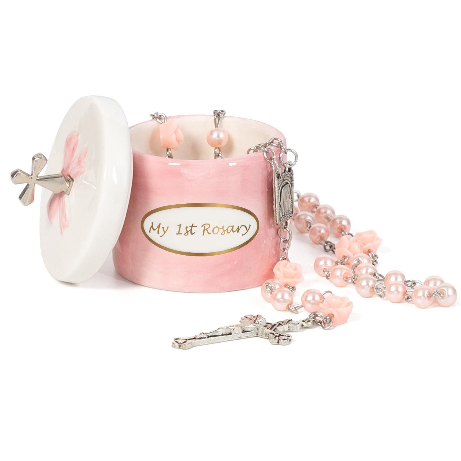 CalabasasMade baptism gift pink rosary box for a baby girl's christening.