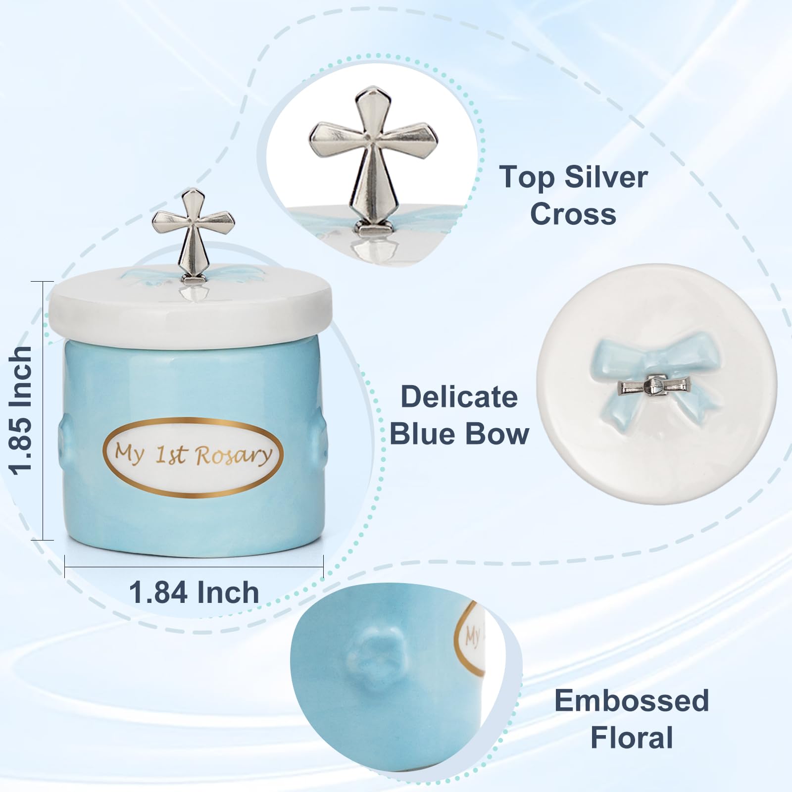 CalabasasMade My First Blue Rosary and Keepsake Box: ceramic keepsake box with white trim protects keepsake