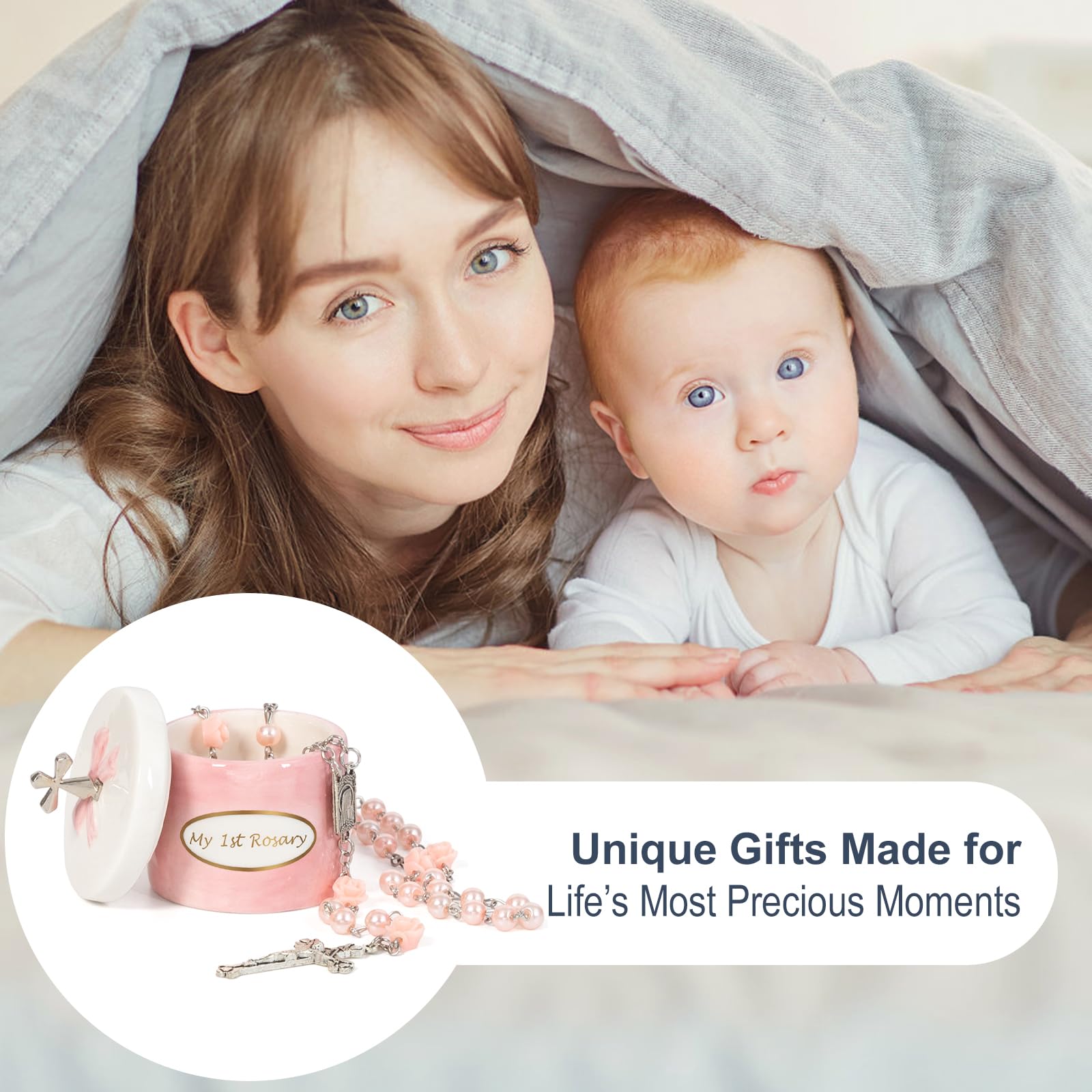 CalabasasMade pink rosary keepsake box creates timeless baby shower or registry gift.
