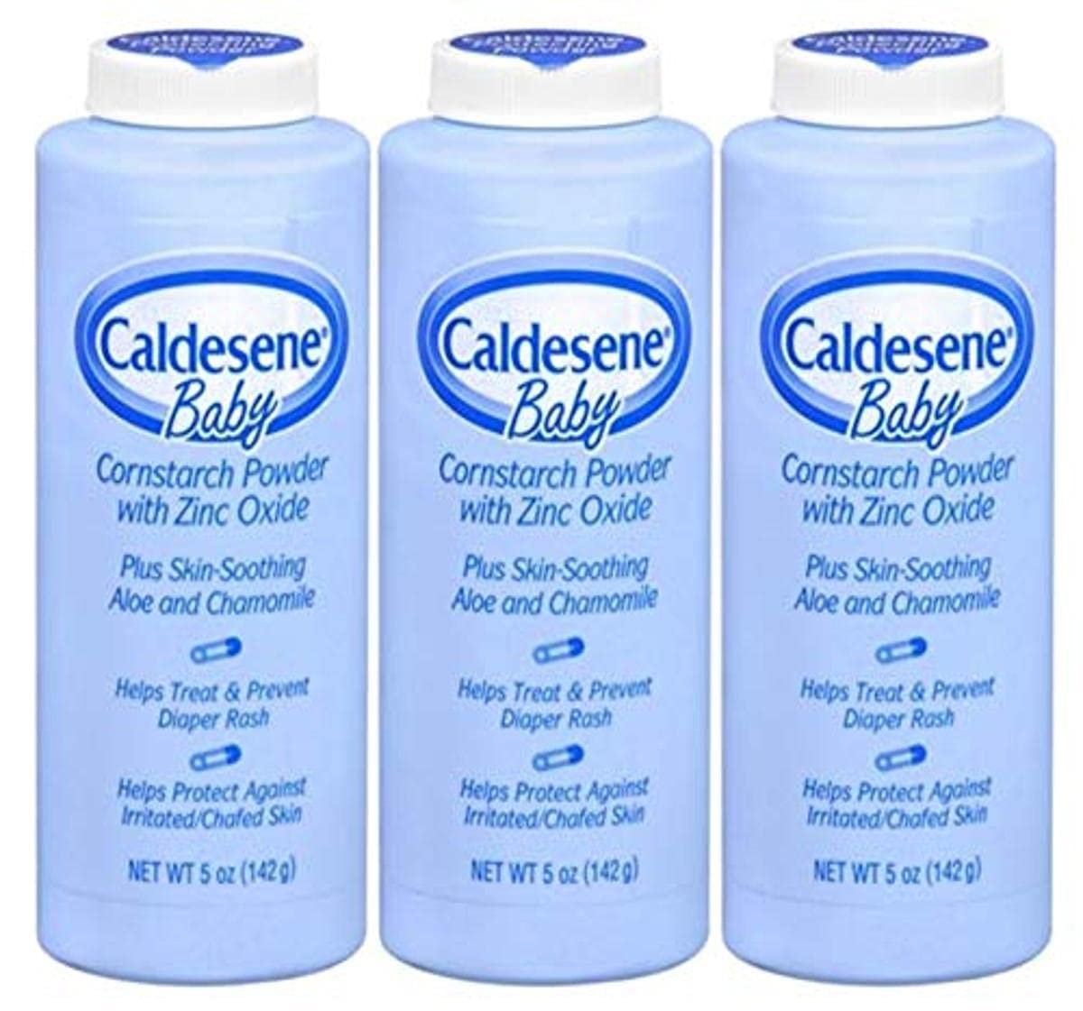 Caldesene corn starch baby powder with zinc oxide on a bottle, keeping baby skin dry and comfortable