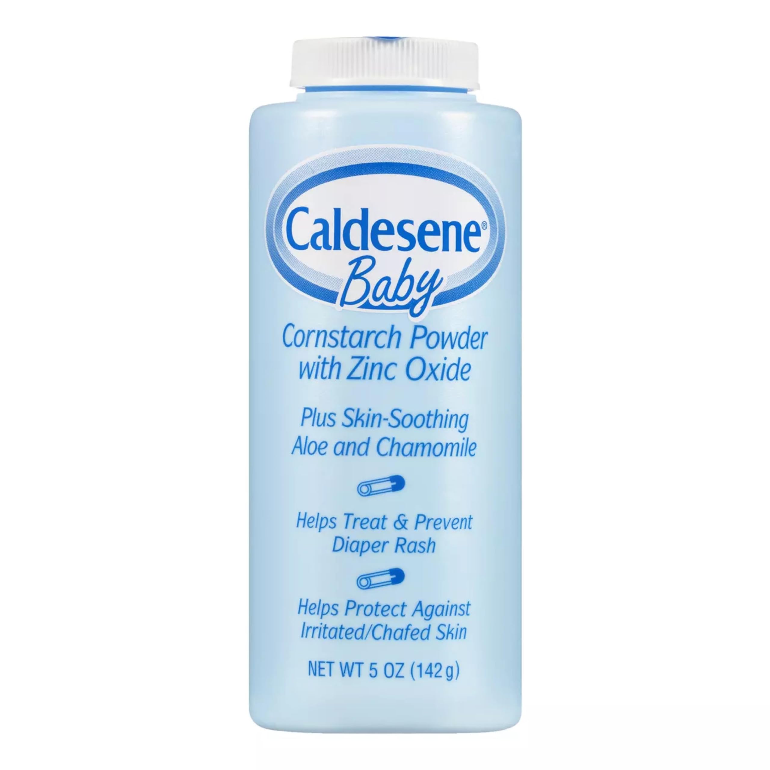Caldesene corn starch baby powder with zinc oxide in a bottle for talc-free moisture protection.