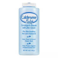 Caldesene corn starch baby powder with zinc oxide in a bottle for talc-free moisture protection.