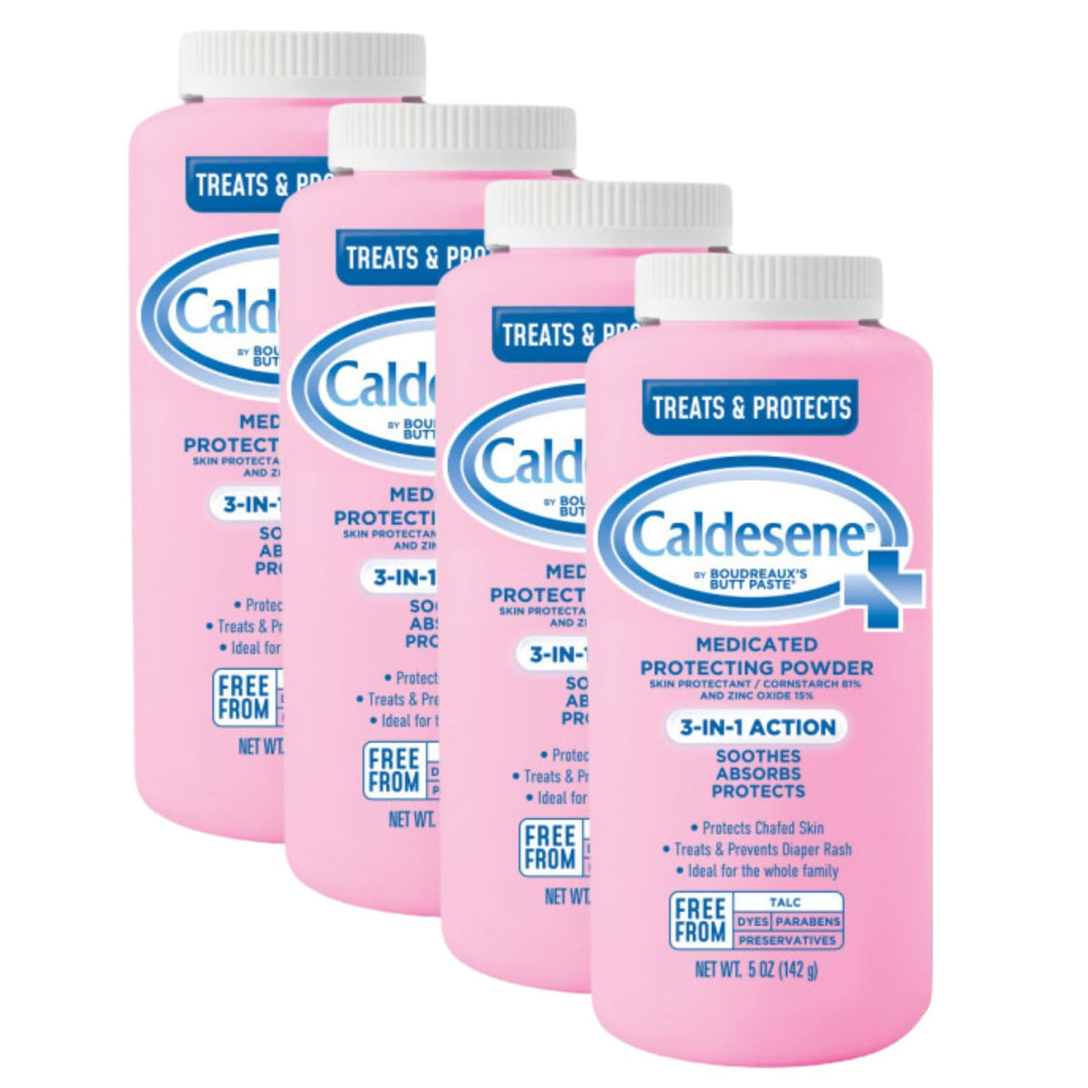 Caldesene Medicated Protecting Powder bottle pour demonstrates moisture protection for sensitive skin