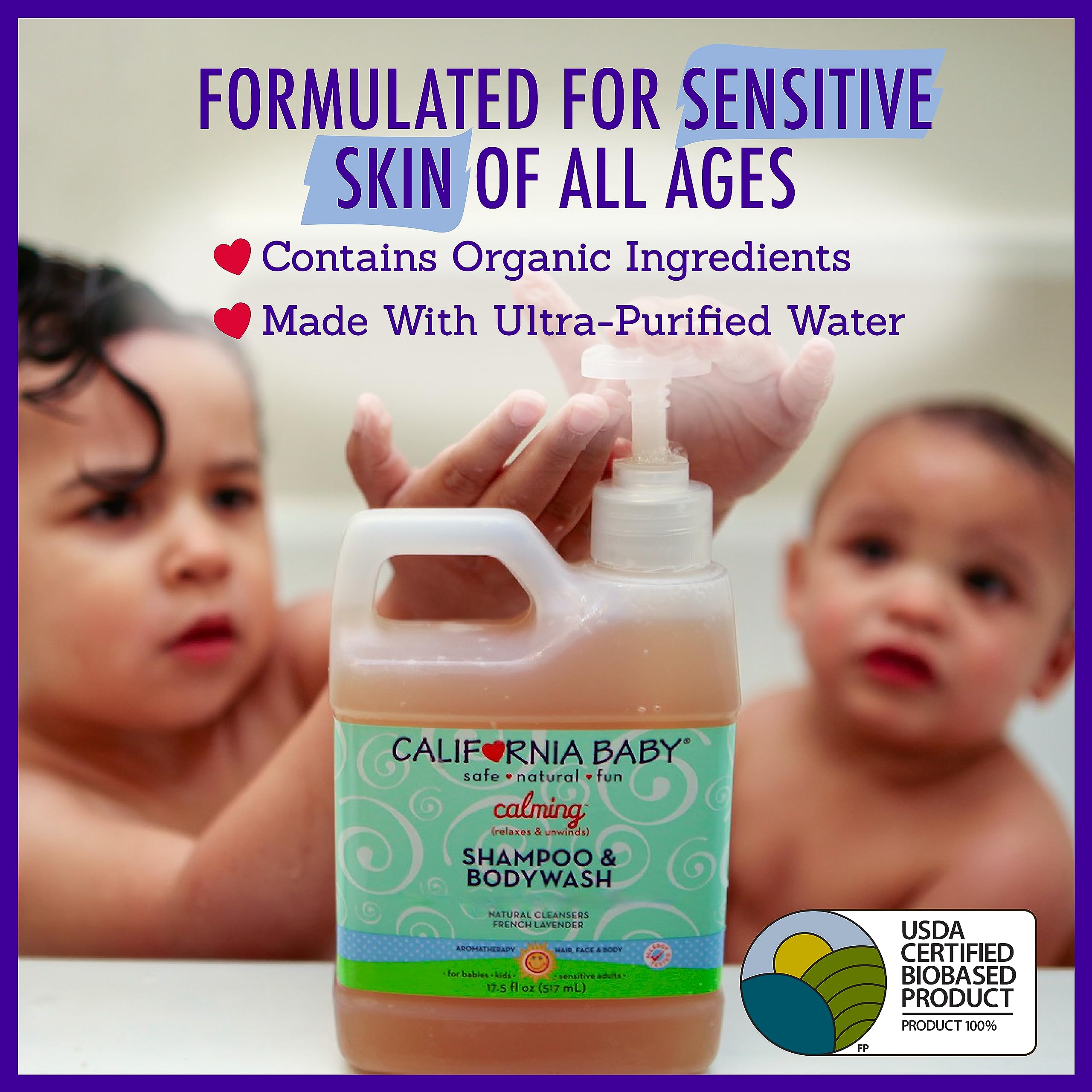 California Baby bath-time toddler scene shows gentle, family-friendly wash.