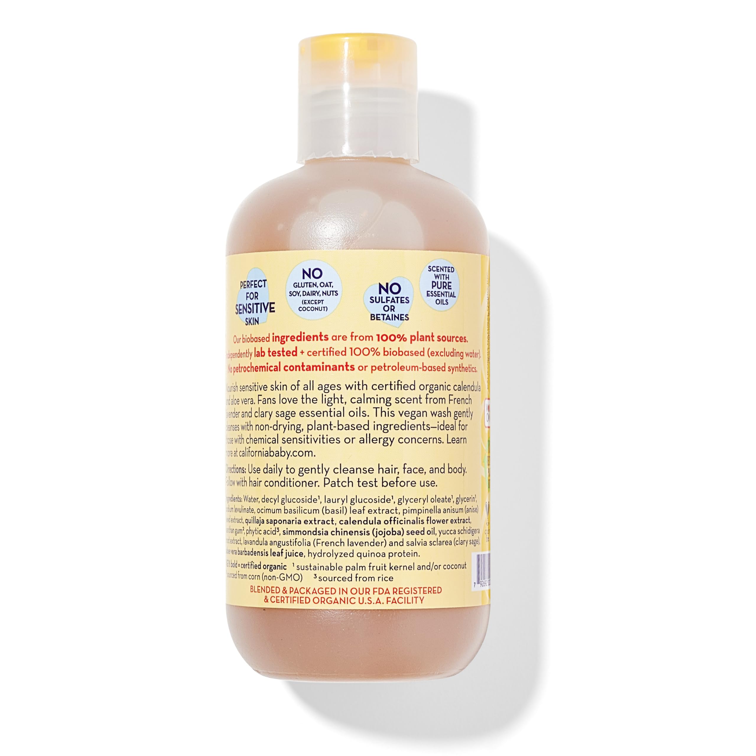 Closeup of California Baby Calendula shampoo label highlighting plant-based formula.
