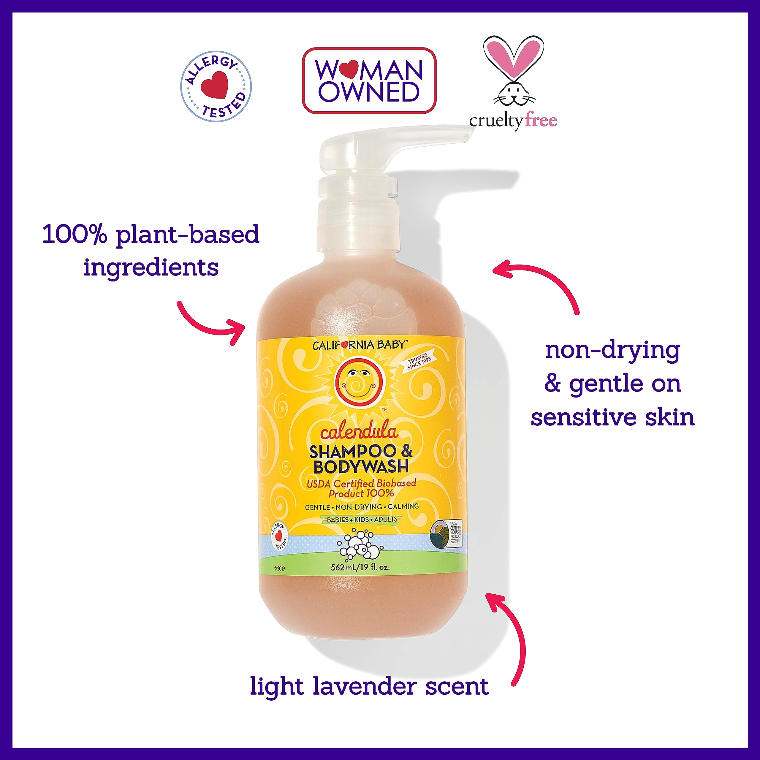 California Baby Calendula Shampoo + Wash ingredients list emphasizes plant-based care.