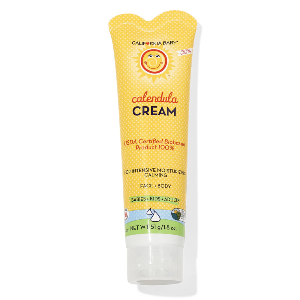 California Baby Calendula Cream bottle shows plant-based moisturizer for sensitive skin.