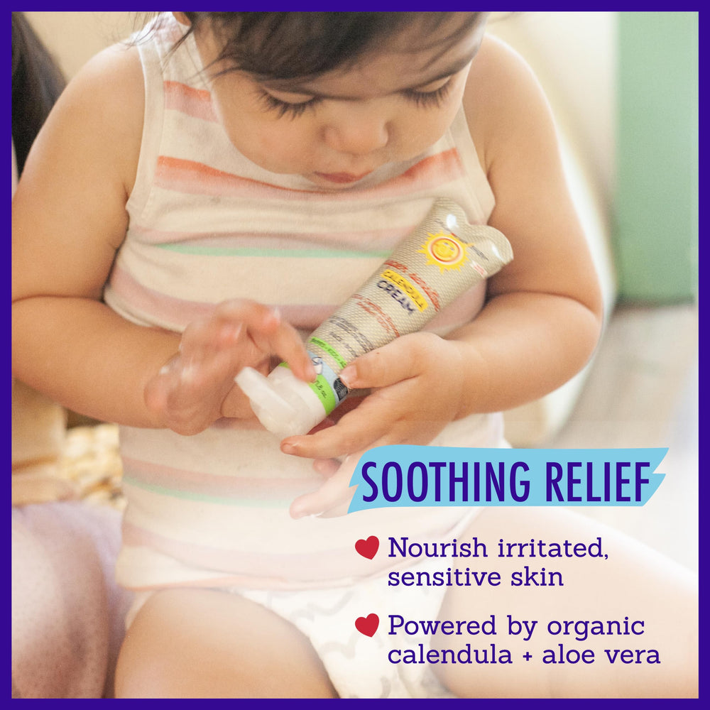 California Baby Calendula Cream Unscented on face; gentle daily moisturizer for sensitive skin.