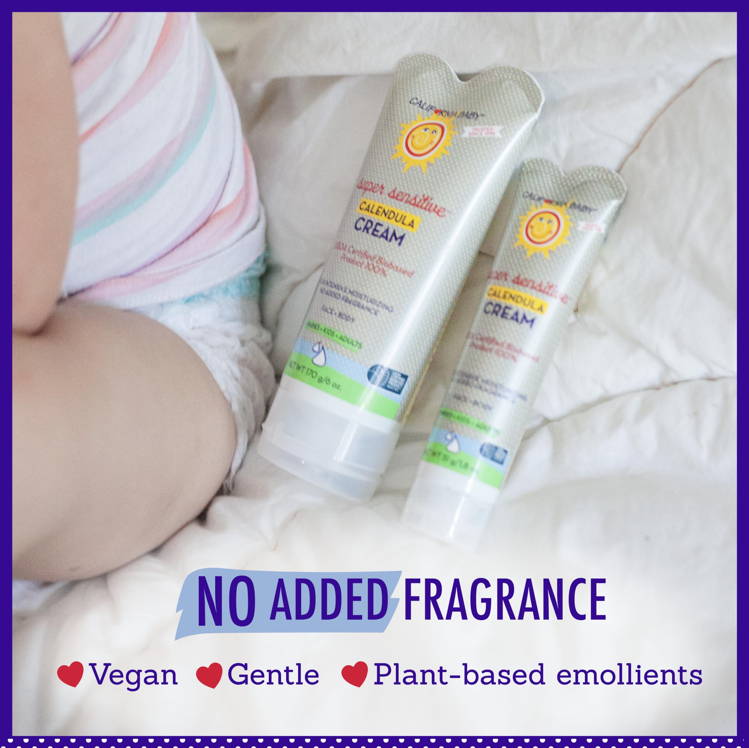 California Baby Calendula Cream Unscented ingredients label; 100% plant-based formula showcased.