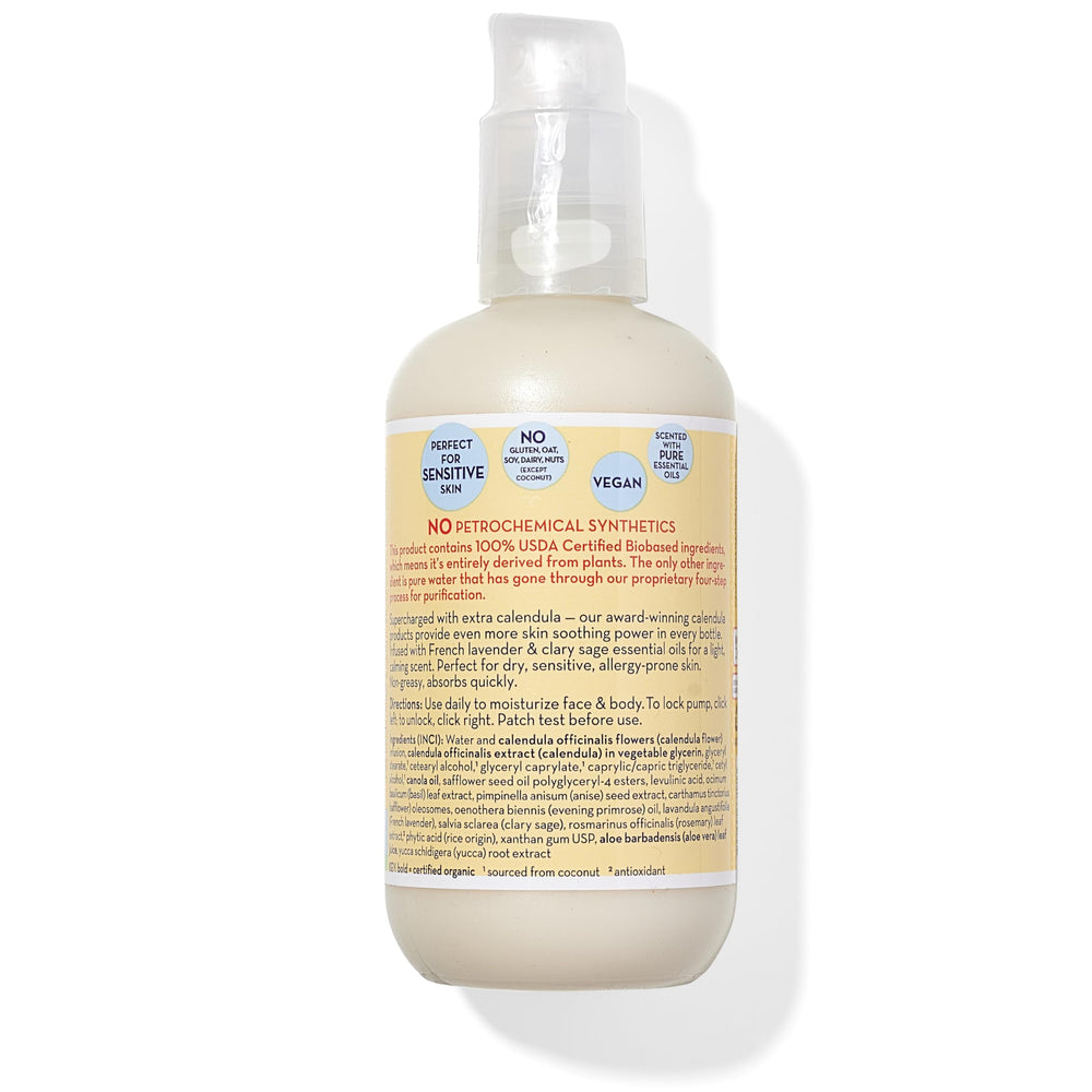 Ingredients highlight plant-based care for sensitive skin.