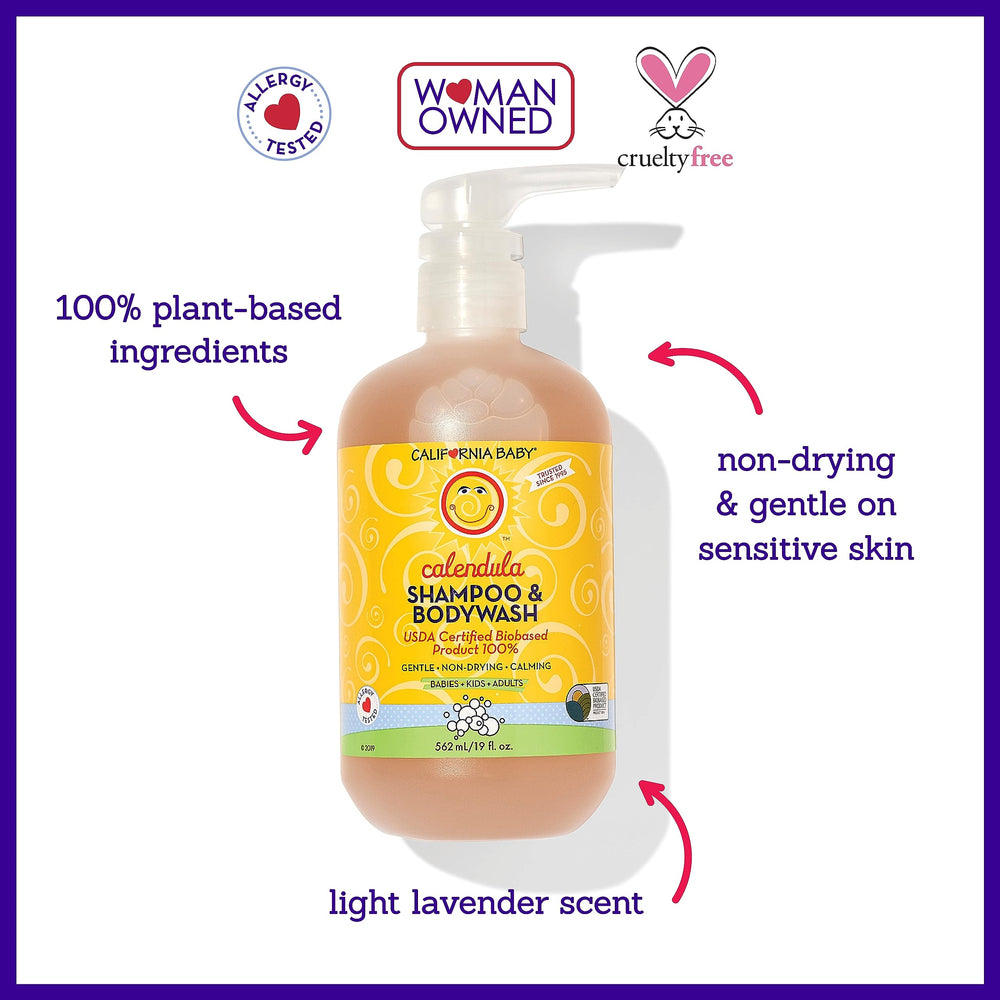 Close-up of label showing plant-based ingredients on California Baby shampoo