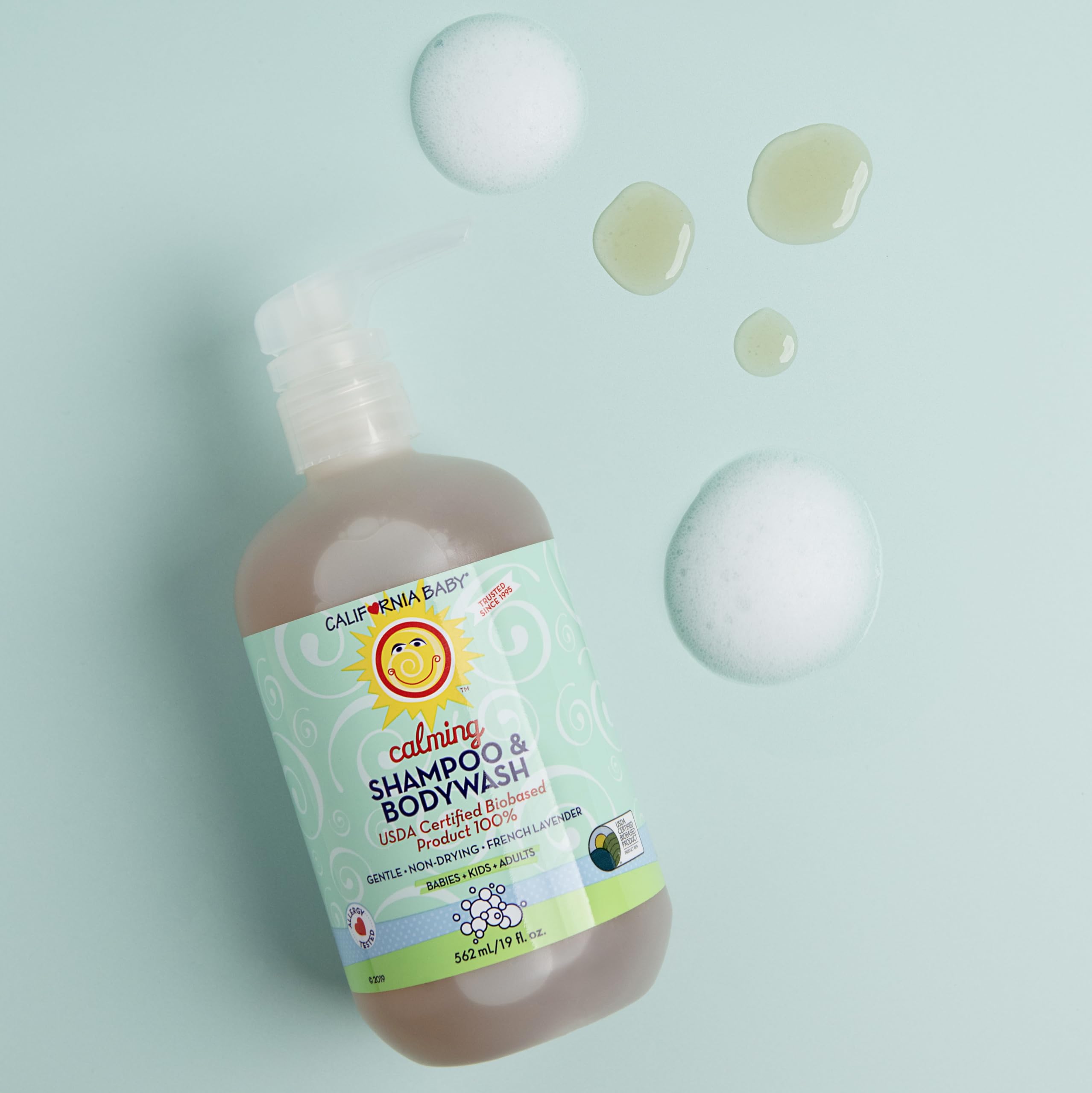 California Baby Calming Shampoo pump-dispense demonstrates easy gentle application