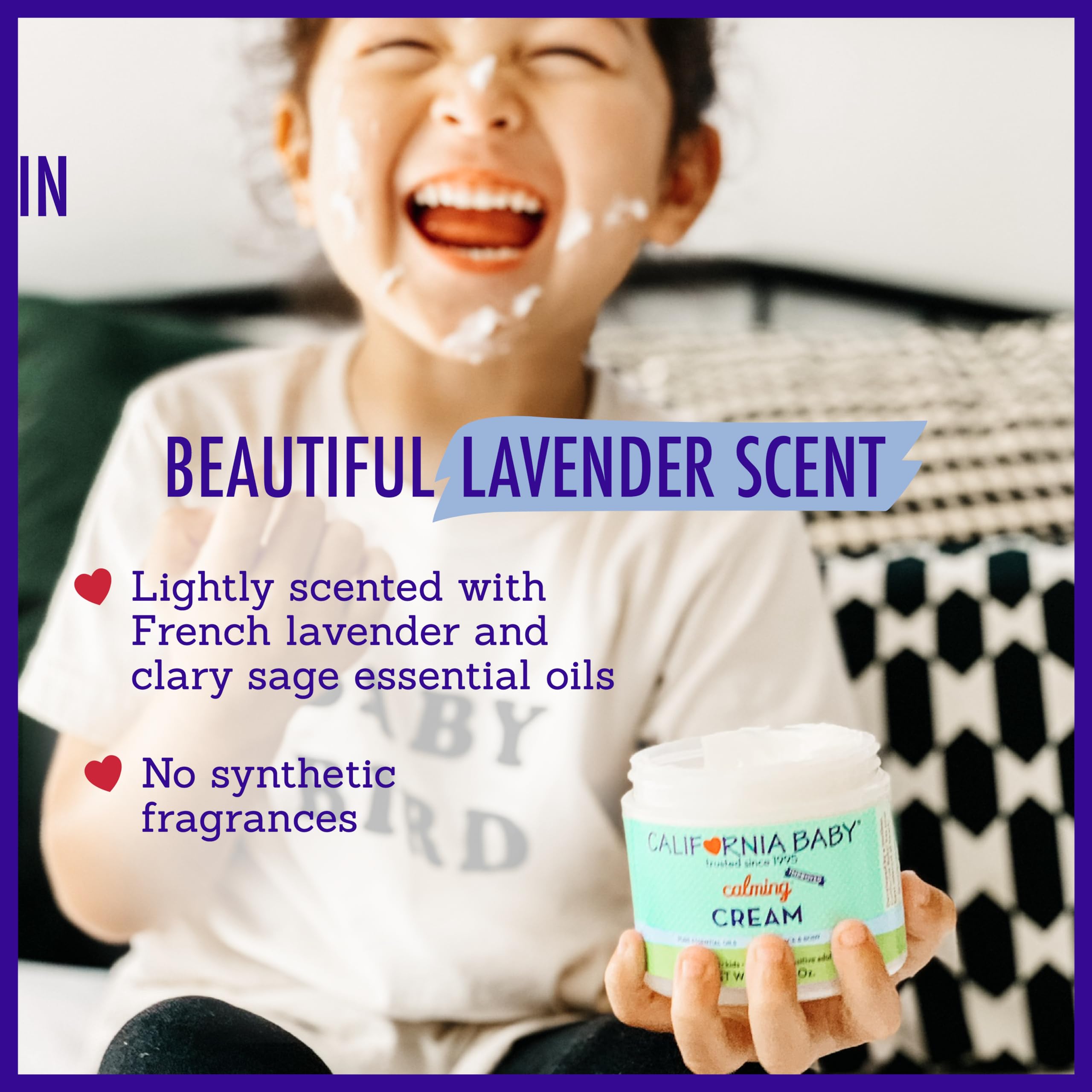 Lavender-scented California Baby Calming Cream with soft aroma for relaxing routines.